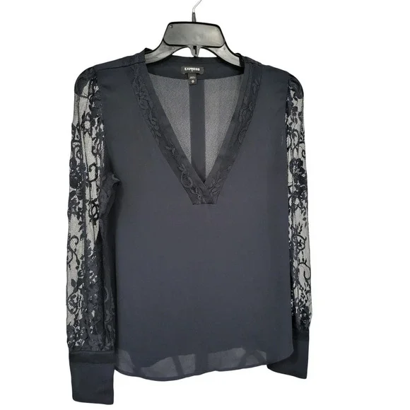 Express Black Lace Sleeve V Neck Sheer Blouse Top Women's Size 6 - Picture 3 of 9